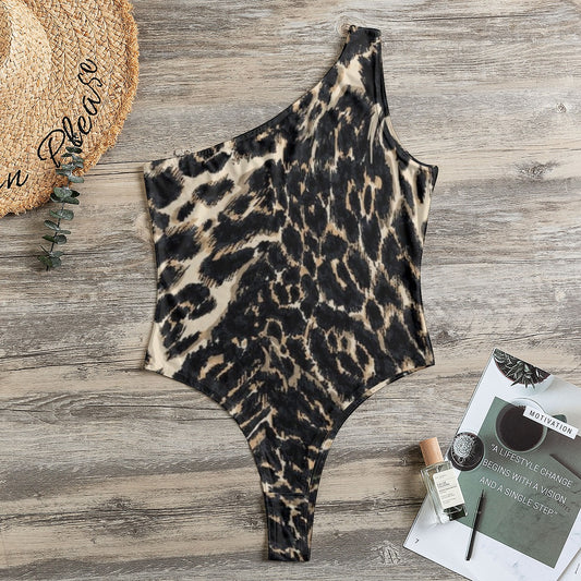 All-Over  Leopard Print Women's One-Shoulder Bodysuit