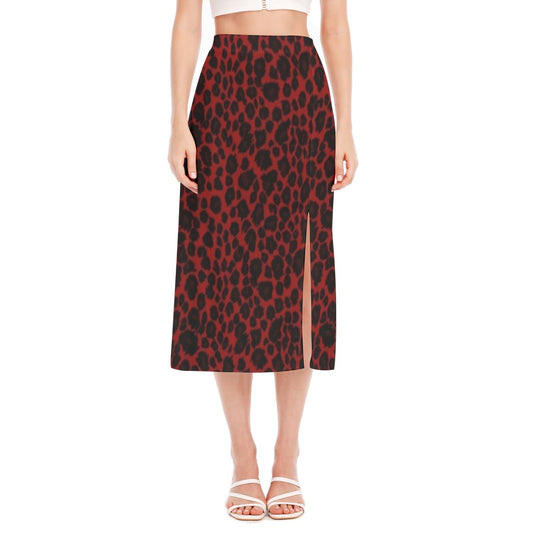 Red All-Over Leopard Print Women's High Slit Long Skirt