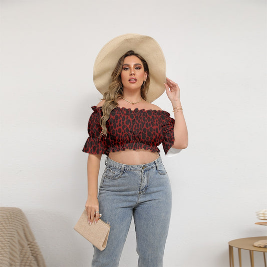 Red  All-Over Leopard  Print Women's Off-shoulder Cropped Top With Short Puff Sleeve